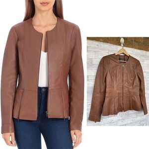Badgley Mischka
Peplum Leather Jacket in cognac size medium
